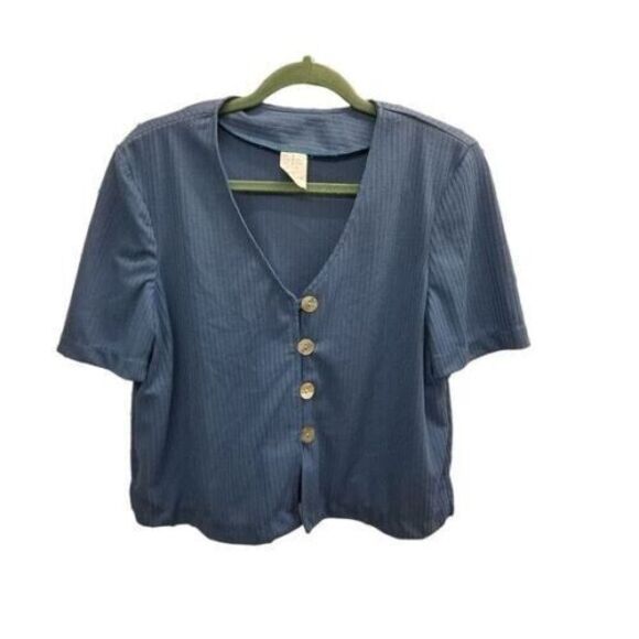 Womens Sz 14 Blue Solid Short Sleeve Ribbed Semi Cropped Cardigan - Picture 7 of 9